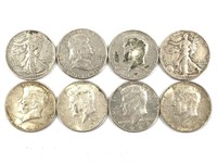 8 Kennedy, Walking Liberty 90% Silver Halfs, US