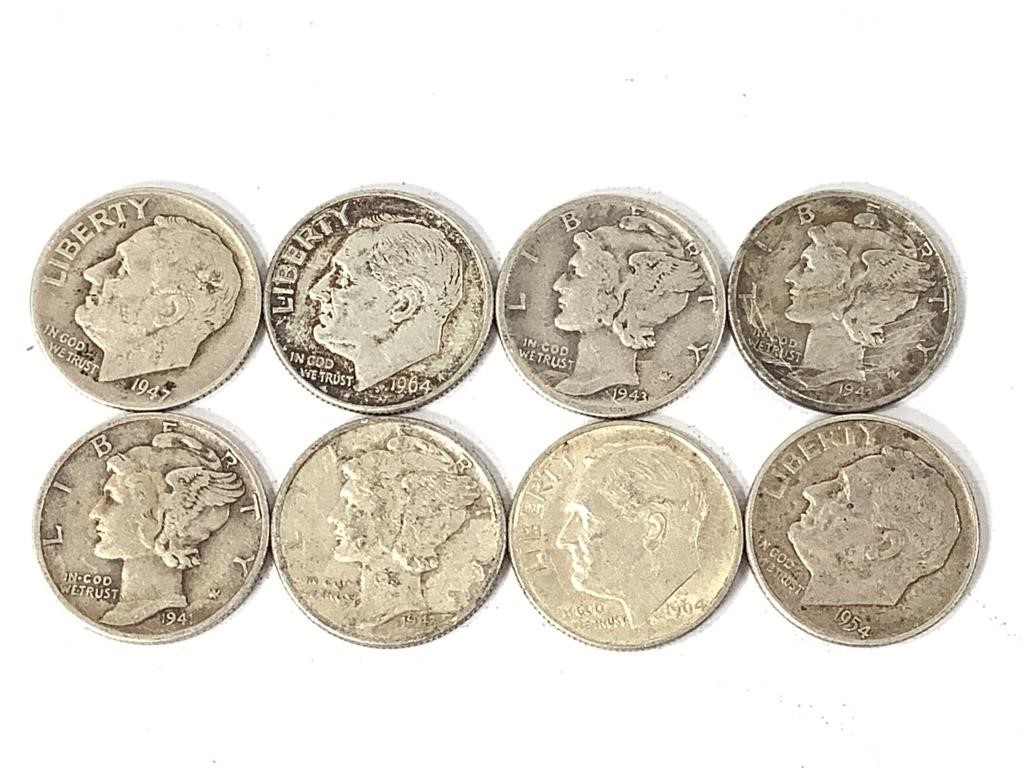 8 Silver Dimes, 4 Roosevelt, 4 Mercury, US Coins