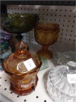 Fostoria Amber Coin Glass Covered Dish, Green