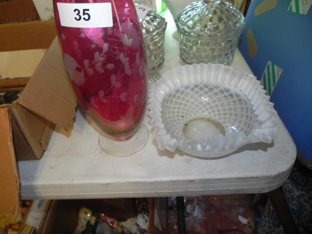 Red & Clear Vase, Frosted Ruffle Top Bowl