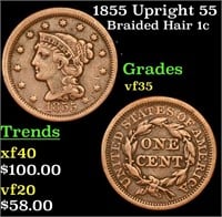 1855 Upright 55 Braided Hair Large Cent 1c Grades