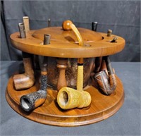 Vintage pipe caddy with 9 pipes and tobacco jar