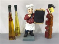 Menu Board Chef (13") & Decorative Vinegar Bottles