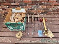 Box of Wood Kindling, Grill Tools, Twine