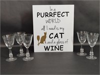 Five Tiffin Monte Wine Glasses, Cat/Wine Wall Art