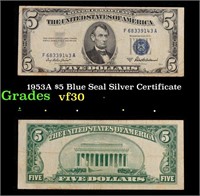 1953A $5 Blue Seal Silver Certificate Grades vf++