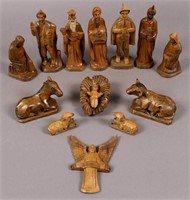 13 Piece Vintage Hand Carved Wooden Nativity Set