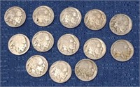 13 Buffalo nickels and 4 have dates