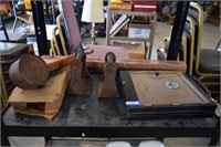 Antique Cast Iron Stirrups, Two Vtg Wooden Levels,