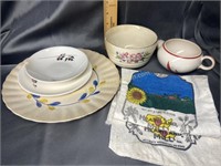 Vintage kitchen dishes and small flour sacks