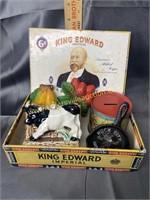 Cigar box of vintage goodies-chalk fruit, cast