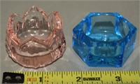 (2) Vtg Open Salt Cellars Blue Cut & Pink Petal