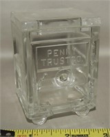 Antique Excell Glass Penny Trust Co Bank w/ Lid