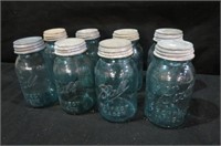 (8) QUART BLUE JARS W/ ZINC LIDS