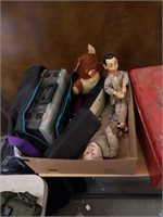 Box of dolls and art supplies