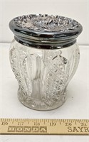Cut Glass Dresser Jar- Silver Top w Cherub- 6"