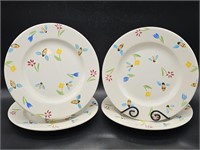(4) Stoneware Bee & Flower Dinner Plates