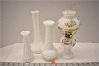 Decorative miniature lamp and three milk glass
