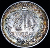 1937 MEXICO 20 CENTAVOS - 72% Silver Toned Centavo
