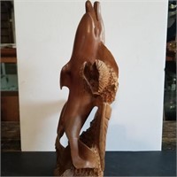 CARVED WOOD STATUE OF DOLPHIN & FISH PLAYING