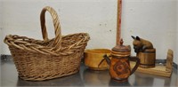 Wicker basket, wood items, see pics