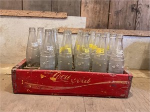 COCA-COLA WOOD POP CRATE WITH TAB GLASS BOTTLES