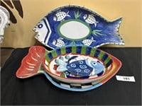 Fish Plaque And 3 Nautical Serving Trays