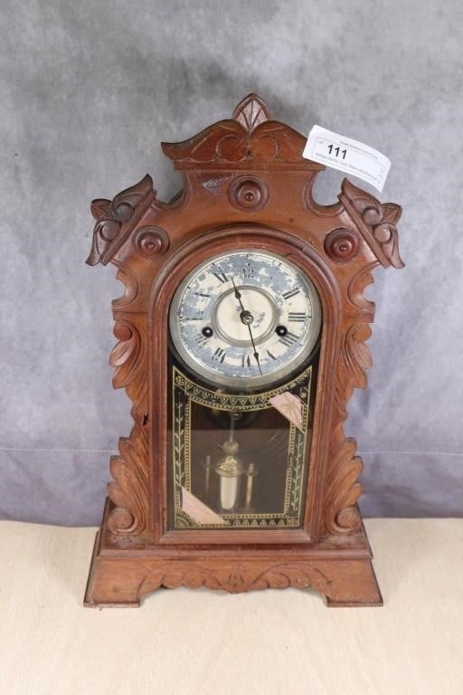Antique Mantle Clock, Walnut and Working with Key