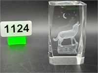 Solid crystal laser engraved howling wolf