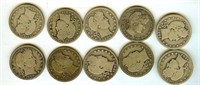 1893-1915 Barber 25c Nice Good 10pc Lot