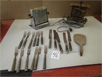 17 PIECES WAR TIME SILVERWARE, 2 VINTAGE TOASTERS,