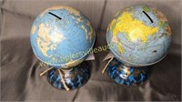 2 vintage tin mini globe coin banks 7in tall