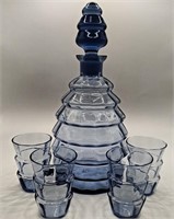 Blue Bohemian Art Glass Decanter W/ Matching Shot