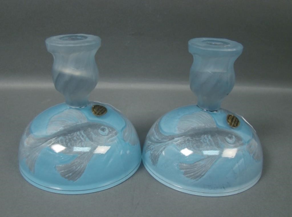 Pr. Console Lt. Blue Wash Trop. Fish Candlesticks.