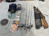 5 fishing poles, 2 gun bags, crossbow, fish net,