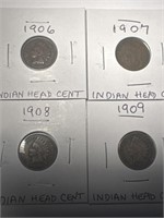4 Indian Head Pennies: 1906, 1907, 1908, 1909