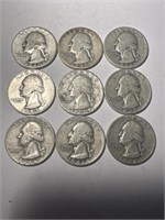 9 Washington Silver Quarters: 1940-1948