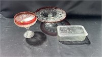 Red Rim Dish Platter and Bowl, Glass Container