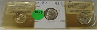 1943, 43-S, 45-D SILVER JEFFERSON NICKELS - 3 X