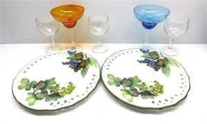 Italian Grapevine Plates W/Wine Glasses