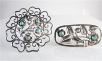 Two Mexico Silver Turquoise Brooches