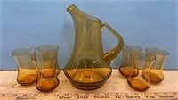 Vintage Amber Glass Pitcher (9"H) & 6 Glasses