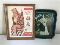 Vintage Coca- Cola Framed Ad & Tray