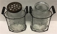 2 VINTAGE GLASS JARS METAL CARRIERS
