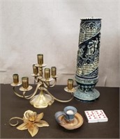 Lot of Brass & Stoneware Candle Holders, Large