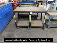 LOT, (2) 27" X 27" METAL/WOOD TABLES ON CASTERS