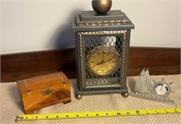 2-sm mantle clocks and wood box OFFSITE PICKP