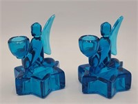 2 Vtg LE Smith Colonial Blue Glass Candle Holders