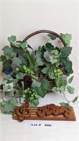 WICKER BASKET WITH FAUX GRAPE VINES AND WOODEN JES