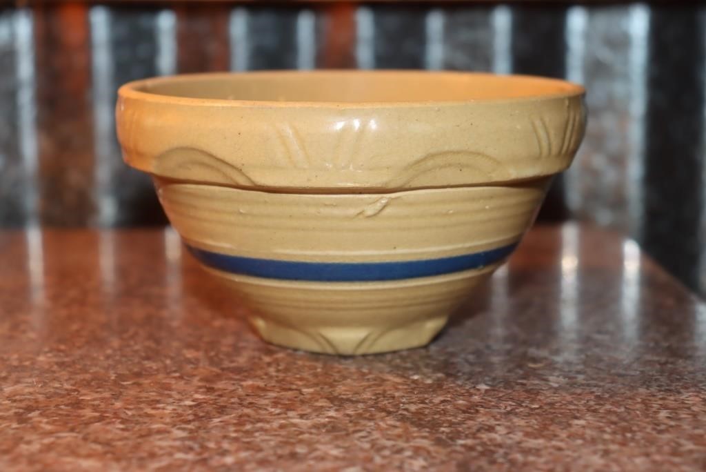 2 Yellow ware bowls with blue and white bands -